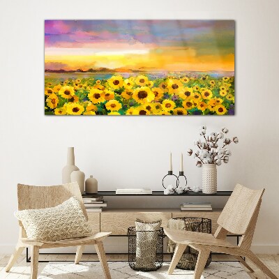 Sunflowers in the sunset rays Glass art print