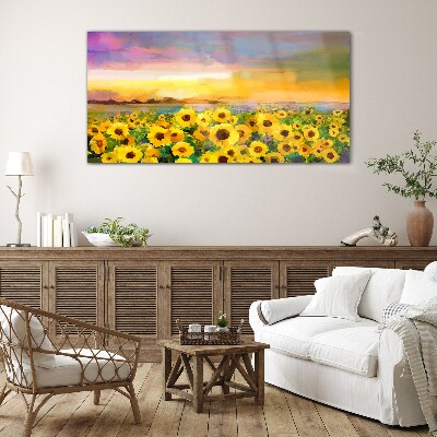 Sunflowers in the sunset rays Glass art print