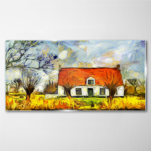 A colorful country cottage in the landscape Glass art print