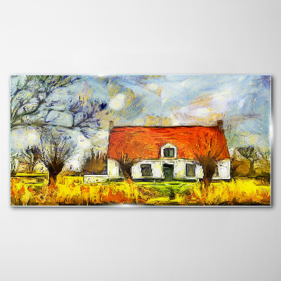 A colorful country cottage in the landscape Glass art print
