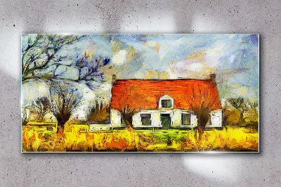 A colorful country cottage in the landscape Glass art print