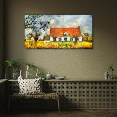 A colorful country cottage in the landscape Glass art print
