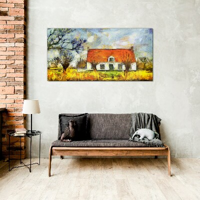 A colorful country cottage in the landscape Glass art print