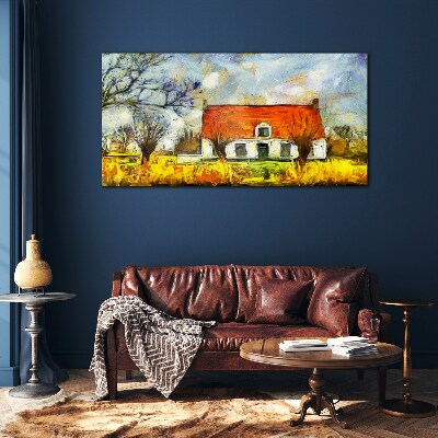 A colorful country cottage in the landscape Glass art print