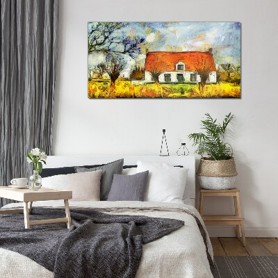 A colorful country cottage in the landscape Glass art print