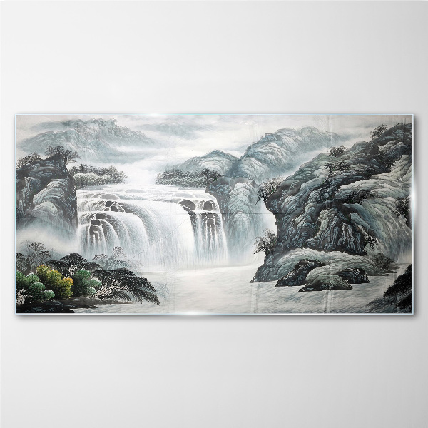 Serene waterfalls in a mountain landscape Glass art print