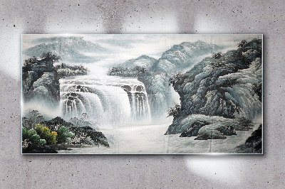 Serene waterfalls in a mountain landscape Glass art print