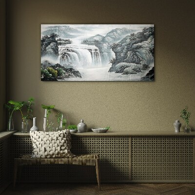 Serene waterfalls in a mountain landscape Glass art print