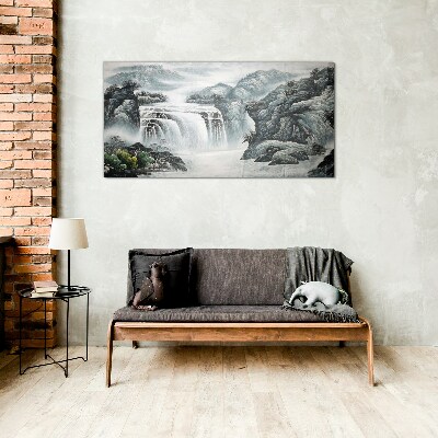 Serene waterfalls in a mountain landscape Glass art print