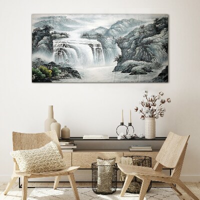 Serene waterfalls in a mountain landscape Glass art print