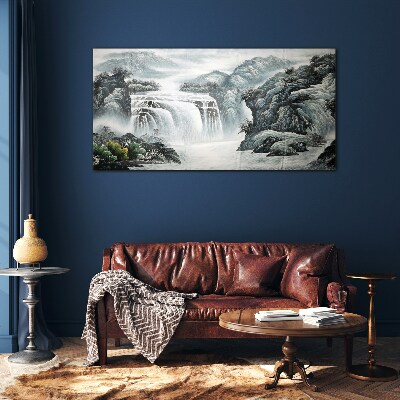 Serene waterfalls in a mountain landscape Glass art print