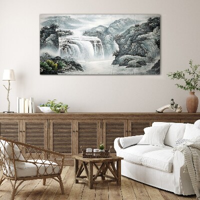 Serene waterfalls in a mountain landscape Glass art print