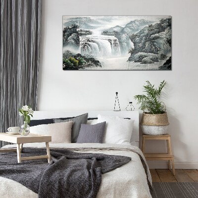 Serene waterfalls in a mountain landscape Glass art print