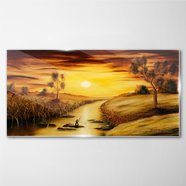 Golden hour on the river Glass art print