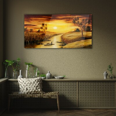 Golden hour on the river Glass art print