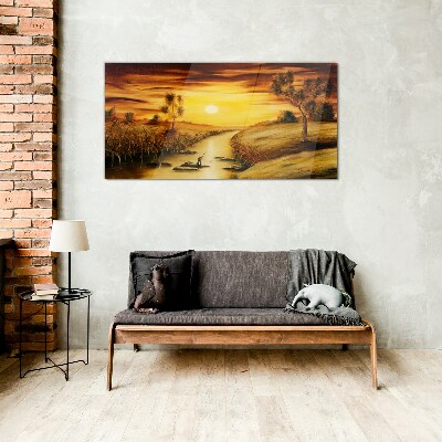Golden hour on the river Glass art print