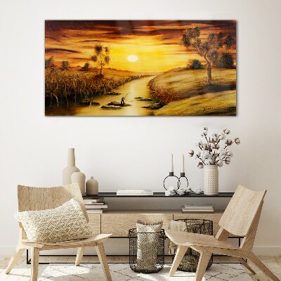 Golden hour on the river Glass art print