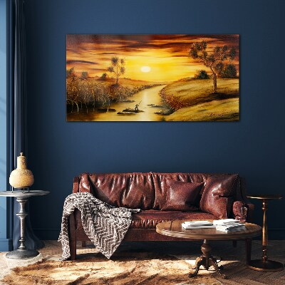 Golden hour on the river Glass art print