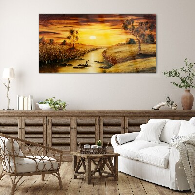 Golden hour on the river Glass art print