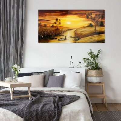 Golden hour on the river Glass art print