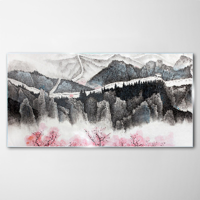 A peaceful mountain landscape with flowers Glass art print
