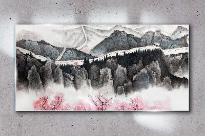 A peaceful mountain landscape with flowers Glass art print