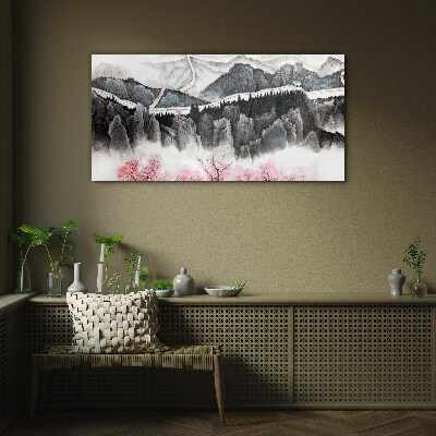 A peaceful mountain landscape with flowers Glass art print