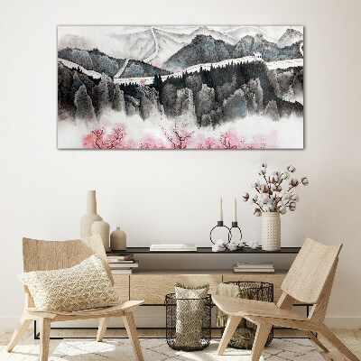 A peaceful mountain landscape with flowers Glass art print