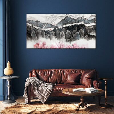 A peaceful mountain landscape with flowers Glass art print