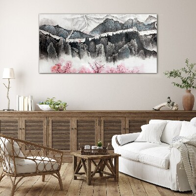 A peaceful mountain landscape with flowers Glass art print