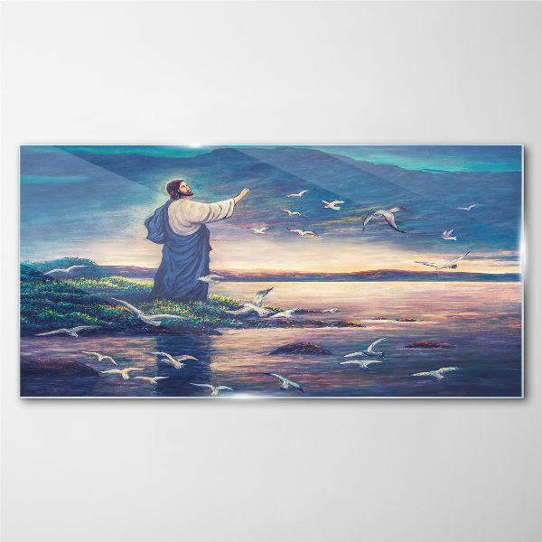 Jesus on the shore with birds Wall art on glass