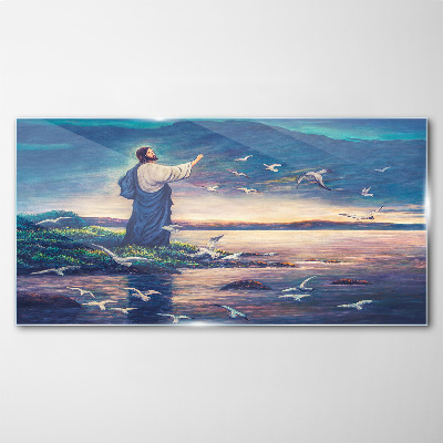 Jesus on the shore with birds Wall art on glass