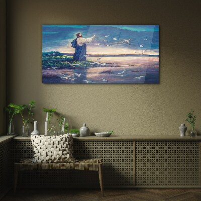 Jesus on the shore with birds Wall art on glass