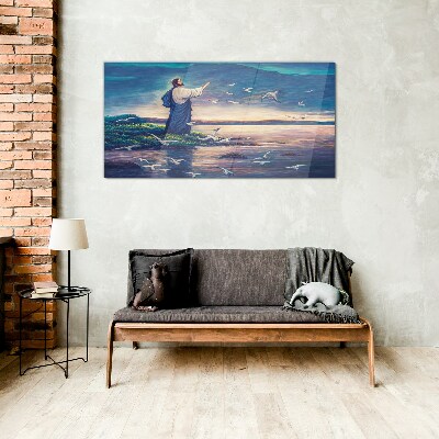 Jesus on the shore with birds Wall art on glass