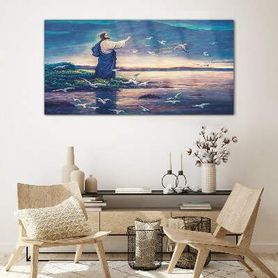 Jesus on the shore with birds Wall art on glass