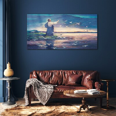 Jesus on the shore with birds Wall art on glass