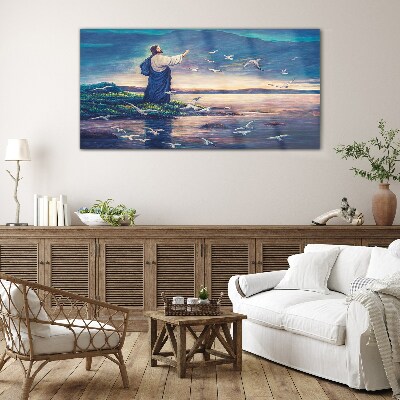 Jesus on the shore with birds Wall art on glass