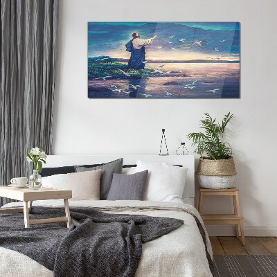 Jesus on the shore with birds Wall art on glass