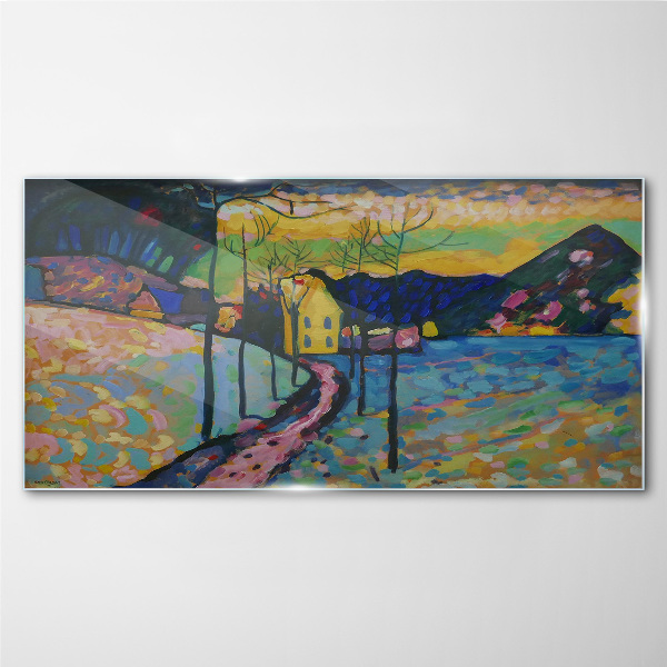 Colorful landscape with a house Wall art on glass