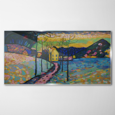 Colorful landscape with a house Wall art on glass