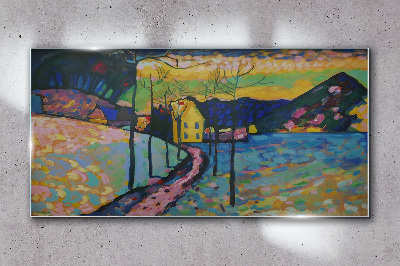 Colorful landscape with a house Wall art on glass