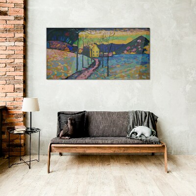 Colorful landscape with a house Wall art on glass