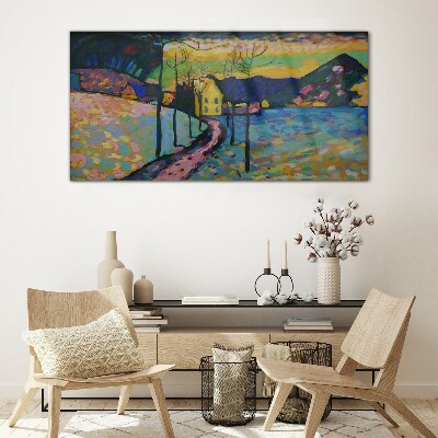 Colorful landscape with a house Wall art on glass