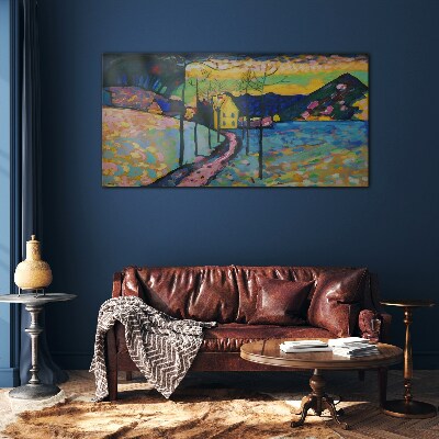 Colorful landscape with a house Wall art on glass