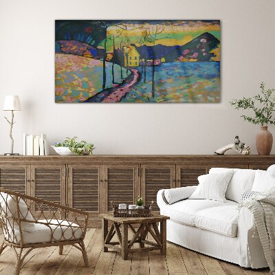 Colorful landscape with a house Wall art on glass