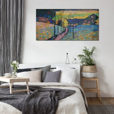 Colorful landscape with a house Wall art on glass