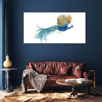 Colorful peacock in motion Glass art print