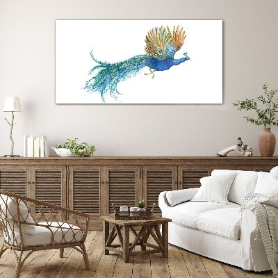 Colorful peacock in motion Glass art print