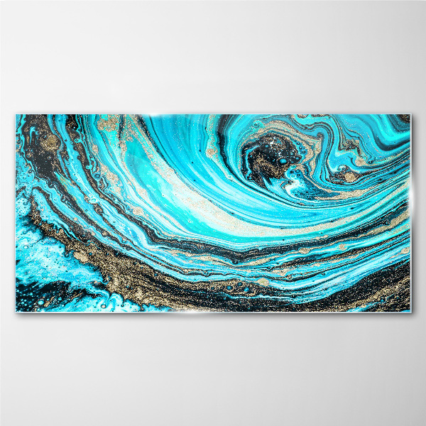 Ocean swirls in blue and gold Wall art on glass