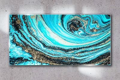 Ocean swirls in blue and gold Wall art on glass